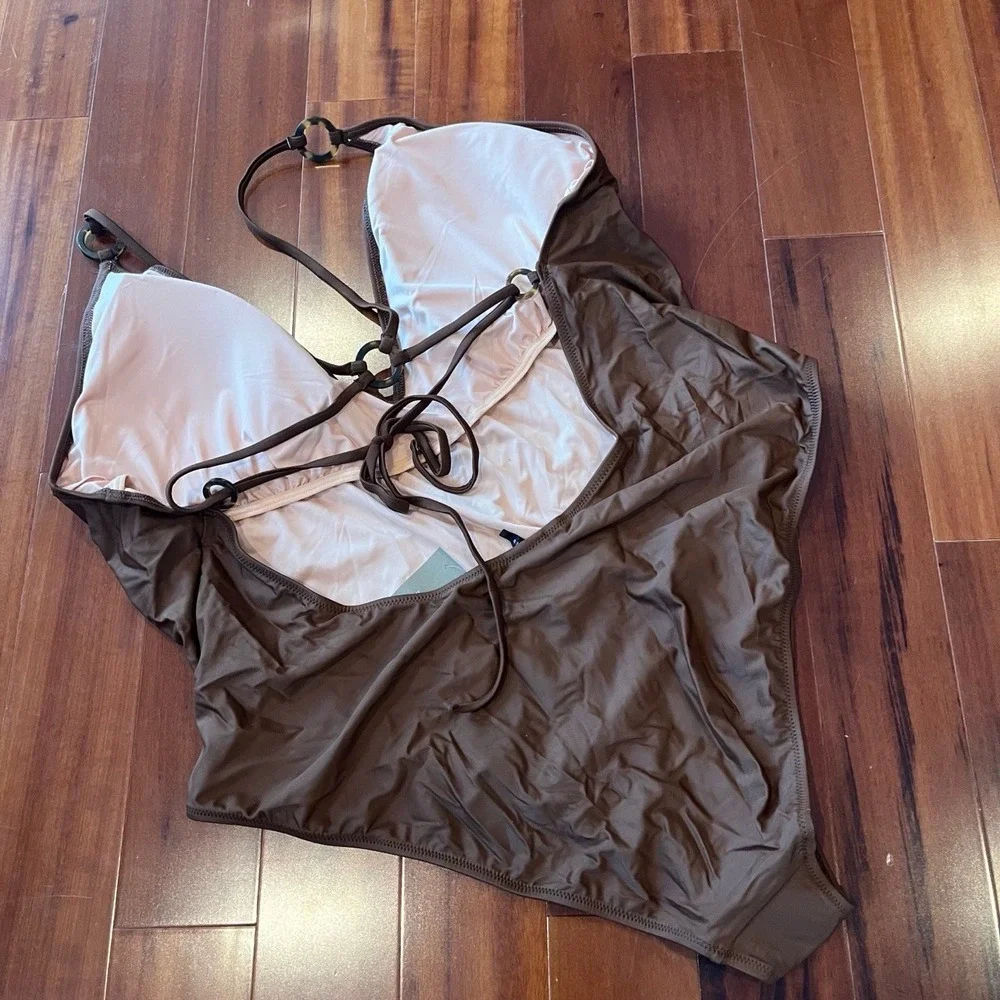 J.Crew Brown Swimsuit One Piece V Neck Cross Strap O-Ring BF181 New Plus Size 24